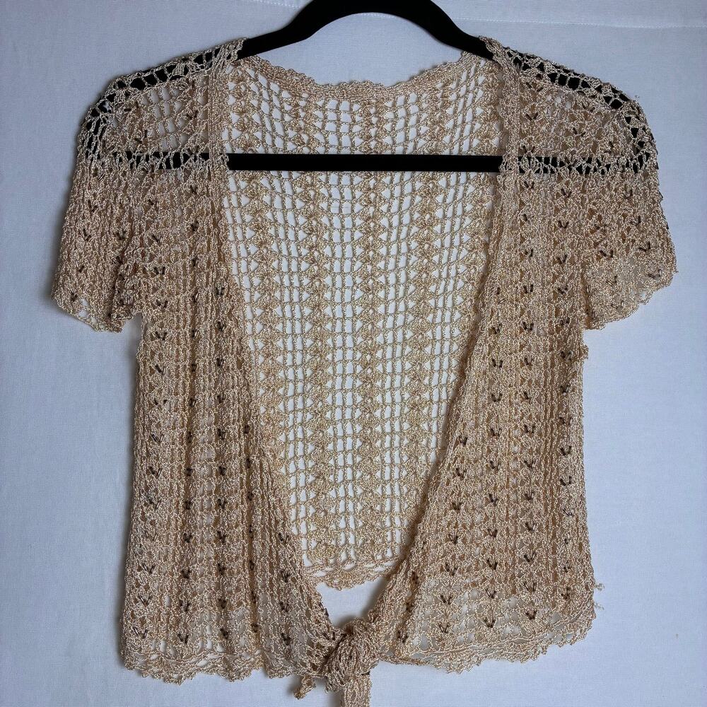 Vintage Y2K Gold Beaded Knit Crochet Tie Front Shrug Cardigan Top Medium